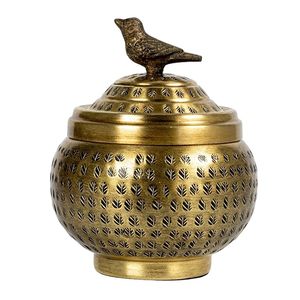 Contenedor Redondo de Metal Martillado con Tapa Decorativa con Adorno de Pájaro, Caja de Almacenamiento con Acabado de Latón para Decoración del Hogar - Product Image 1
