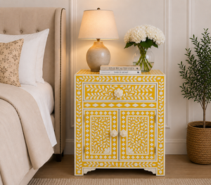 Mesita de Noche de Resina Turquesa con Incrustaciones de Hueso, Cajón y Puertas, Gabinete de Lujo, Mesita de Noche Artesanal para Dormitorio - Product Image 5