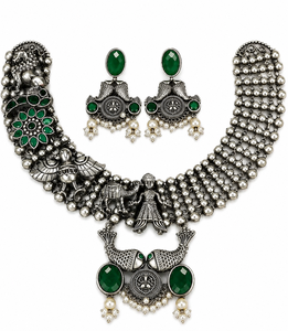 En gros, Ensemble collier et boucles d'oreilles pendantes en alliage de laiton argenté oxydé, plaqué or antique, avec zircon, style bohème tendance pour les amoureux, pour anniversaire - Product Image 4