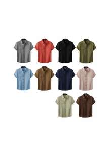 Chemise d'été décontractée pour homme en coton et lin tricoté à manches courtes, col montant, couleur unie, anti-boulochage, respirante - Product Image 6