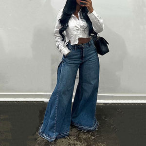 Pantalones vaqueros de mezclilla transpirables para mujer, estilo casual, de pierna ancha, corte regular, largos hasta el suelo, color azul, para el mercado estadounidense. - Product Image 1