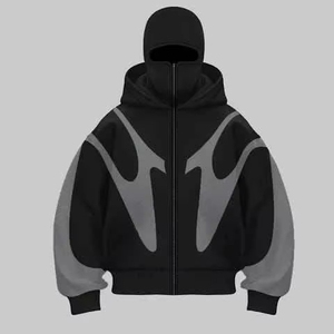 Men's <b>Red</b> White Color Blocking Zip-Up <b>Hoodie</b> Oversized Knitted Polyester Streetwear Autumn Wear - Product Image 3