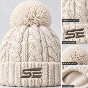 Bonnet en tricot torsadé personnalisé avec logo SE, pompon, chaud pour l'hiver, tricot épais, revers souples et extensibles, mode, extérieur, vente en gros, OEM, ODM - Product Image 1
