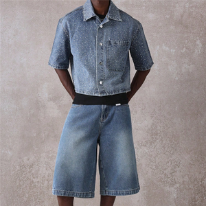 Conjunto de Camisa de Manga Corta de Mezclilla con Estampado de Puntos y Pantalones Cortos de Mezclilla para Hombre, Atuendo Casual de Verano, Cuello Camisero, Algodón Tejido - Product Image 4