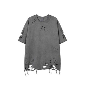 Camiseta Blanca Casual de Manga Corta para Hombre, Cuello Redondo, Estilo Desgarrado, Logotipo Frontal, Estilo Urbano, 100% Algodón, Tela de Lona - Product Image 5