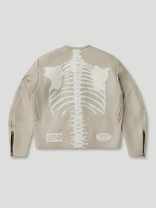 Men Bones Style Cream Genuine Leather <b>Jacket</b> Streetwear <b>Biker</b> <b>Jacket</b> - Product Image 2