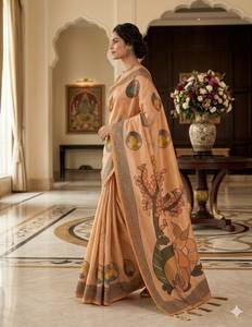 Adorable y hermoso sari de diseñador. Información sobre el sari: Tela con paneles beige natural enriquecidos con bordes vibrantes en rosa rani. - Product Image 6