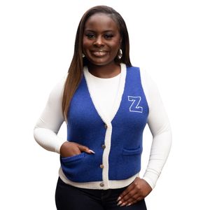 Chaleco Azul de Punto con Bordado de Letras Griegas de Zeta Phi Beta para Mujer, Estilo Casual y Preppy con Botones - Product Image 2
