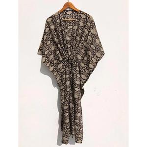 Vestido Kaftán de Algodón con Estampado Floral Hecho a Mano, Estilo Bohemio para Mujer, Cuello en V Profundo, Corte Holgado, Ideal para Vacaciones y Playa - Product Image 1