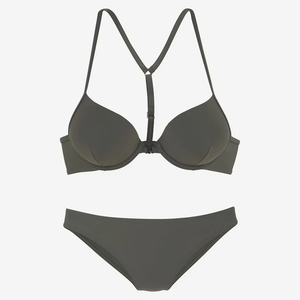 Women's Dark Gray Two Piece <b>Bikini</b> <b>Set</b> Underwire Bra Crossed Halter Top Hipster Bottom Solid Spandex Nylon Swimwear - Product Image 1