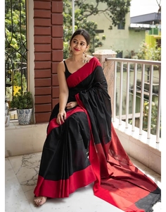 KV Black & <b>Red</b> Woven Designer Cotton Silk Kanjivaram Saree With Unstitched <b>Blouse</b> - Product Image 3