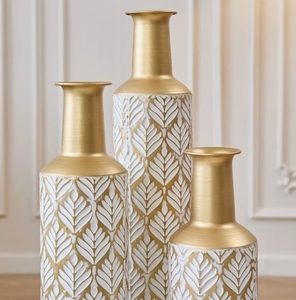 Ensemble de 3 grands vases en métal pour le sol - Bouteilles décoratives à motif de feuilles dorées et blanches pour le salon, l'entrée, la décoration moderne de la maison - Product Image 3