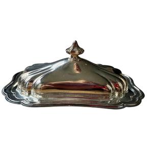 Beurrier rectangulaire en métal argenté antique avec couvercle et bouton décoratif floral, vaisselle de table - Product Image 6