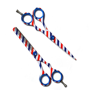 Ciseaux de coiffure professionnels pour barbier, 6 pouces, en acier inoxydable, ciseaux à effiler, manche rayé rouge, blanc, bleu, outils de salon pour barbier - Product Image 1
