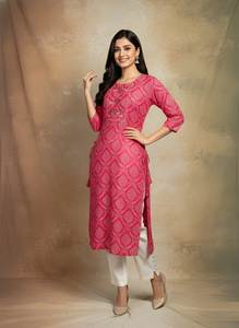 Kurti Moderno Recto de Algodón Estampado Rosa Rani para Mujer, Cuello Redondo, Manga 3/4, Largo Regular, Ropa Étnica, Túnica para Fiesta de Verano - Product Image 4