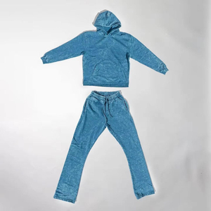 Conjunto Deportivo Unisex Azul de Forro Polar con Capucha, Corte Holgado, Casual, para Todas las Temporadas, 2 Piezas, Sudadera y Pantalones, Teñido en Prenda - Product Image 1