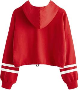 <b>Women</b> <b>Red</b> Hooded Sweatshirt Cropped Lantern Sleeve Letter Print Pullover Striped Cuffs Casual Autumn Top - Product Image 6