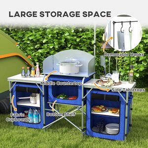 Portable Blue Folding <b>Camping</b> <b>Kitchen</b> Fabric Cupboards Windshield PC Aluminum Table for BBQ Picnic Includes Bag-Garden Style - Product Image 4