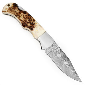 Nuevo cuchillo personalizado de acero de Damasco con hoja de punta caída y mango de hueso, espesor de hoja de 0.6 mm, cuchillos plegables para caza. - Product Image 1