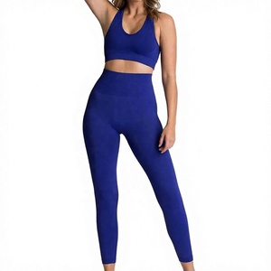 Ensemble de yoga taille haute respirant 2 pièces avec brassière de sport dos nageur et leggings longs color block - Product Image 1