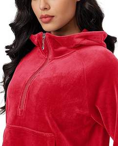 Sweat à capuche en velours de qualité supérieure, en coton épais, polaire respirant, avec fermeture éclair, pour femme, rouge - Product Image 2