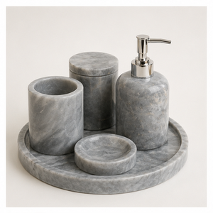 Natural Grey Marble Bathroom Accessory Set 5-Piece Modern Minimalist Hotel Organizer with Soap Dispenser <b>Toothbrush</b> <b>Holder</b> - Product Image 5