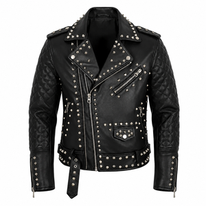 Chaqueta de Cuero Negra Personalizada para Hombre, Estilo Motero, con Tachuelas, Mangas Acolchadas, Estilo Punk Rock, Cuero Genuino - Product Image 1