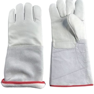 Gants de soudage TIG en cuir véritable blancs avec bordure rouge et design de pouce intégré, résistants aux éclaboussures de métal fondu, en coton, pour soudage à l'arc. - Product Image 5