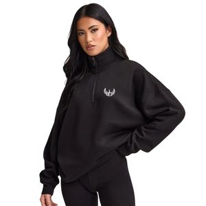 Sweat-shirt noir à col zippé 1/4 pour femme, coupe oversize, manches longues, style streetwear décontracté, coupe ample, pour tous les jours - Product Image 1