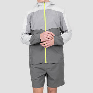Ensemble de survêtement pour homme à capuche, color-block, séchage rapide, léger, sportif, manches longues, gris avec fermeture éclair néon - Product Image 1