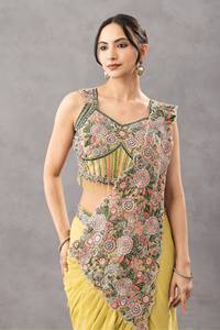 Sari Drapeado de Diseñador para Mujer, Amarillo, con Blusa Bordada, Estilo Indo-Occidental, Largo hasta el Suelo, de Secado Rápido, para Todas las Temporadas, Fiestas y Graduaciones - Product Image 2