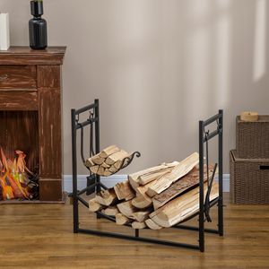 Porta Legna Nero con Attrezzi per Caminetto, Supporto per Legna da Interno ed Esterno, Include Paletta, Pinze, Scopa e Pala per Donne - Product Image 2