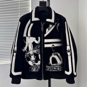Custom Winter Street Style Men's Loose Fit Shearling Leather <b>Patchwork</b> <b>Jacket</b> Applique with Flat Embroidery OEM ODM Service 3XL - Product Image 3