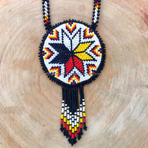 Handmade Geometric Glass Seed Bead Necklace with Custom <b>Medallion</b> Print Unisex Pendant for Anniversary - Product Image 6