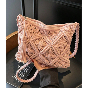 Sac à main en macramé moderne et attrayant, fait main, tissé, avec pompon, en cordon de coton naturel, pour festival, plage, style bohème - Product Image 5