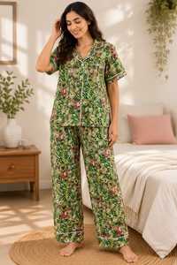 Conjunto de Pijama de Dos Piezas de Lujo para Mujer, de Algodón con Estampado Floral, Cuello en V, Cierre de Botones, Manga Corta, Largo Completo, Elegante, Casual, Transpirable para Verano - Product Image 2