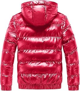 Red Coated Canvas Glossy Puffer Jacket Windproof Breathable <b>Winter</b> Hooded with Patchwork Nylon Hoodie Zipper Up Bubble Jackets - Product Image 6