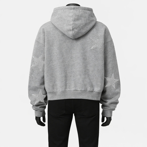 Rhinestone Star Zip Winter Oversized Hoodie <b>Grey</b> Heavyweight Cotton Fleece Bling Crystal Print <b>Sweatshirt</b> <b>Men</b> Private Label - Product Image 2