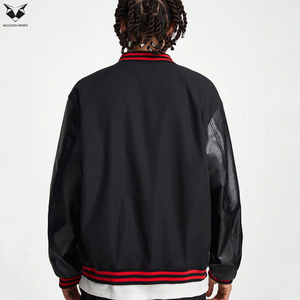 Veste de baseball pour homme avec patchwork de lettres, veste bomber noire à broderie personnalisée, poignets à rayures rouges, streetwear décontracté - Product Image 6