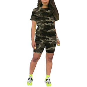Conjunto de Ropa Casual de Una Pieza para Mujer, Romper Elástico con Bloques de Color, Manga Corta, Pantalones Cortos Tipo Biker, Camuflaje - Product Image 2