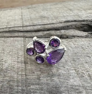 Anillo de amatista natural, anillo de cinco piedras, joyería hecha a mano de Plata de Ley 925, anillo de plata sólida, regalo para ella - Product Image 6