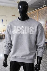 High Quality Bulk Supply Men Winter Grey Oversized <b>Sweatshirt</b> Rhinestone JESUS Print Crewneck Long Sleeve Comfortable Fashion - Product Image 6