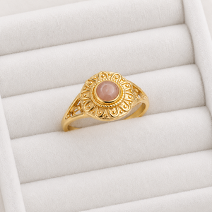 Natural Peach Moonstone Sunburst <b>Ring</b> Gold Tone Vintage Style Handmade Elegant Designer Jewelry <b>Statement</b> <b>Ring</b> for Women - Product Image 5