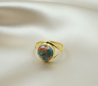 Bague Statement en Argent Sterling 925 Plaqué Or Rose et Or Jaune, Ornée d'une Pierre Ronde Naturelle d'Huître, de Cuivre et de Turquoise, Faite à la Main pour Femme