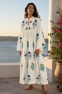 Robe longue en coton tissé imprimé à la main indienne, motif floral, sans manches, col montant, style bohème décontracté, coupe ample pour femme, idéale pour l'été - Product Image 6
