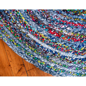 Tapis rond tressé bleu multicolore à motif abstrait, style bohème, fils recyclés, poils moyens, pour salon - Product Image 4