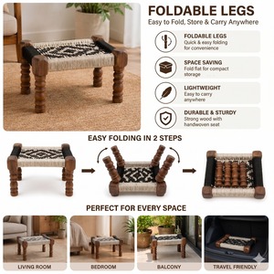 Premium Handmade Wooden Traditional Antique <b>Stool</b> Ottoman Fabric Upholstery Versatile Furniture Living Room <b>Bedroom</b> Seating - Product Image 5