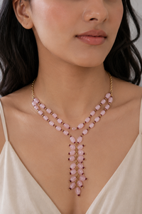 Custom Rhodium Plated <b>Necklace</b> Rose Quartz Bead <b>Ruby</b> Station Dual Layer Y Lariat Vine Cluster Drop Chain Women Luxury Gift - Product Image 1