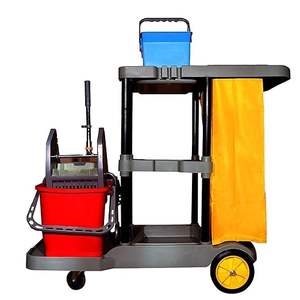 รถเข็นทำความสะอาดเกรดเชิงพาณิชย์พร้อมถังสามใบ ถังขยะแบบพับได้ และที่รีดน้ำถูพื้น ล้อแบบรับน้ำหนักมากเพื่อการเคลื่อนย้ายที่ง่ายดาย - Product Image 1