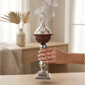 <b>Silver</b> Metal Arabic Incense <b>Burner</b> Featuring Dark Wooden Stem Accents And Domed Lid For Sophisticated Traditional Aromatherapy - Product Image 3